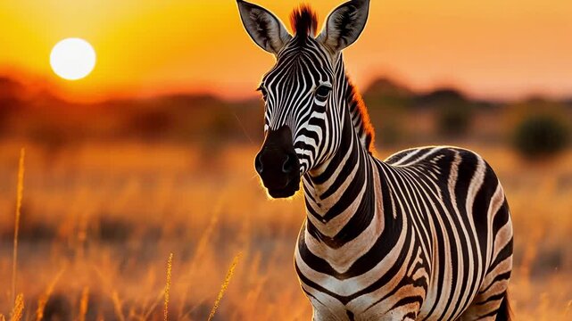Majestic zebra stands proudly against a stunning sunset backdrop in the savannah, showcasing nature's beauty and tranquility at dusk