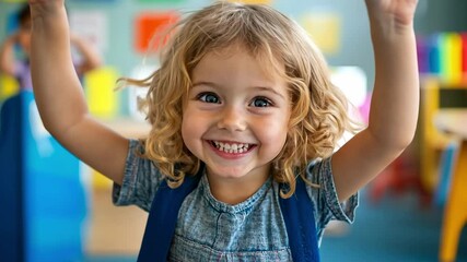 Joyful young girl celebrating with a big smile and raised hands in a vibrant classroom filled with colors and excitement