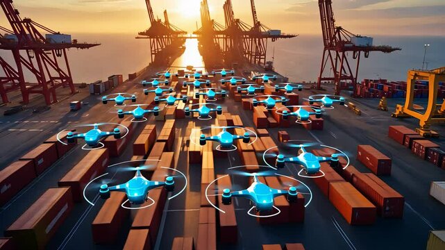 Autonomous drones flying over shipping containers at a seaport during sunset with digital interface for cargo delivery and logistics tracking

