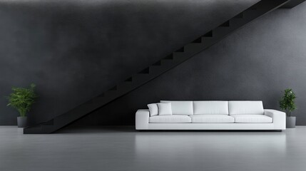 Modern minimalist interior featuring a black metal staircase and white sofa against dark gray walls
