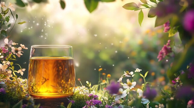 Golden elixir amidst floral splendor, a magical garden refreshment scene