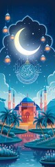 Naklejka premium Serene Night Landscape Featuring Crescent Moon with Arabic Calligraphy Reading Ramadan Mubarak Designed Mosque Multiple Minarets Lush Greenery Palm Trees Rolling Hills and a Reflective Body of Water