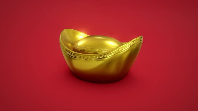 3D animation of a Chinese gold ingot (Yuanbao) rotating on a red background, symbolizing wealth, fortune, and prosperity in Chinese culture.