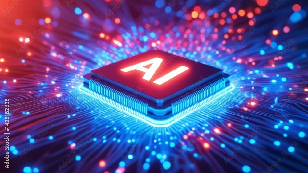 Poster AI word on microchip and colorful light spread with strong beam , AI concept with copyspace banner background, Generative AI