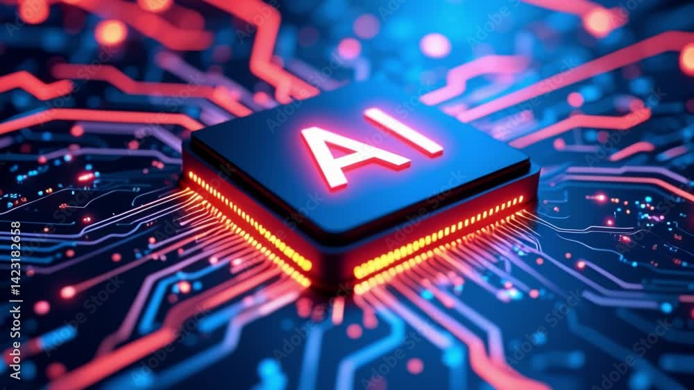 Poster AI word on microchip and colorful light spread with strong beam , AI concept with copyspace banner background, Generative AI