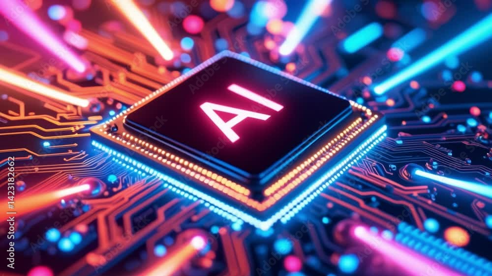 Aufkleber ai word on microchip and colorful light spread with strong beam , ai concept with copyspace banner b