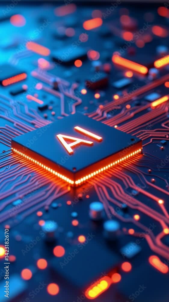 Poster AI word on microchip and colorful light spread with strong beam , AI concept with copyspace banner background, Generative AI