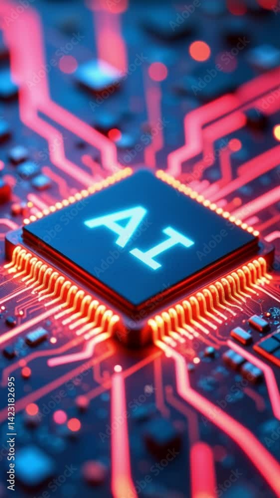 Poster AI word on microchip and colorful light spread with strong beam , AI concept with copyspace banner background, Generative AI
