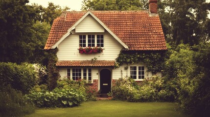 A charming small house nestled amongst green foliage and trees