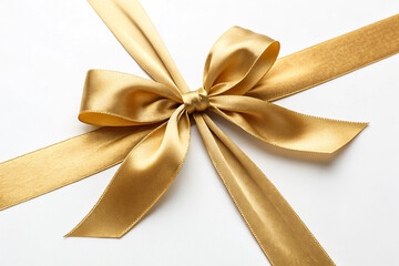 Fototapeta premium A luxurious golden ribbon tied in a perfect bow, symbolizing a precious gift or celebration, elegantly presented on pristine white, showcasing its rich sheen and smooth texture.