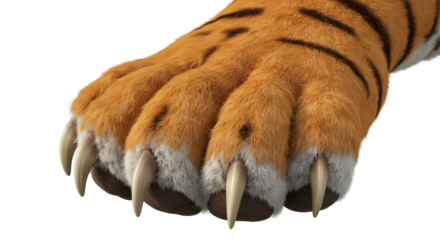 Tiger claw concept, close-up of a furry tiger paw with sharp claws on a transparent background, wild animal anatomy, feline detail, powerful predator, sharp talons, majestic creature.