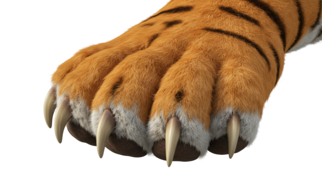 Tiger claw concept, close-up of a furry tiger paw with sharp claws on a transparent background, wild animal anatomy, feline detail, powerful predator, sharp talons, majestic creature.