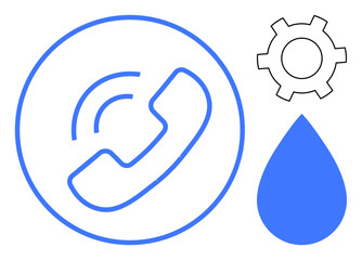 Phone icon with signal waves, blue water drop, and gear symbol. Ideal for communication, customer service, technology, environmental themes, repair services, water conservation simple landing page