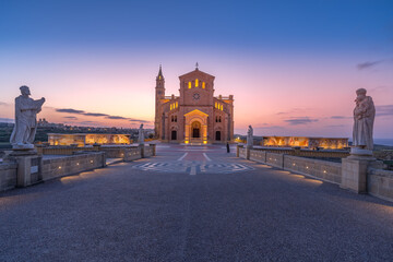 Ta Pinu Shrine in Gozo beautifully lit during blue hour 