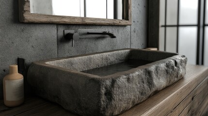 Rustic stone sink in modern bathroom