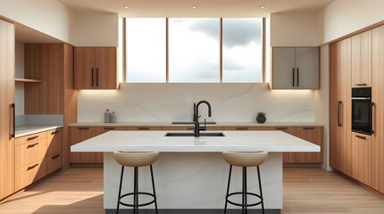 Bright Stones Corner Kitchen with Marble Island, Two Bar Stools, and Light Wood Cabinets