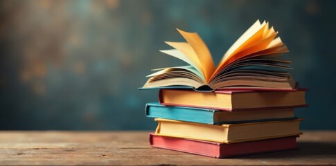 Fototapeta premium Colorful stack of books with pages fluttering in the wind, books, colorful