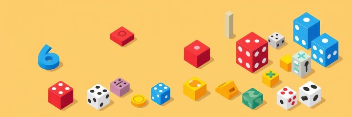 Game dice icons in isometric style with various numbers and colors, perfect for board games and gambling, dice, board games