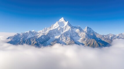 Obraz premium Majestic snow-capped mountain peak rises above a sea of white clouds under a clear blue sky.
