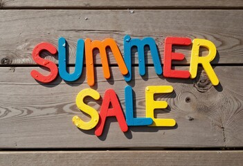 Colorful Summer Sale Letters on Wooden Background  
