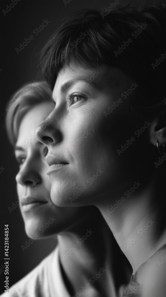 Poster two women share a quiet moment, their faces softly illuminated, capturing expressions of deep contem
