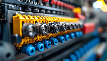 Close-up of colorful electrical connectors on industrial machinery with blurred background