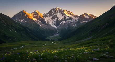 Snowy Mountain Range with Green Valley and Flowers