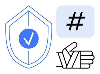 Shield representing security with checkmark, metadata tag symbol, and wrapped thumbs-up. Ideal for safety, verification, approval, social media, community, branding trustworthy interface simple