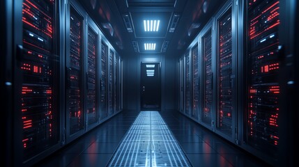 Obraz premium Modern dark server room interior technology data center servers web red blue grid cloud racks power
