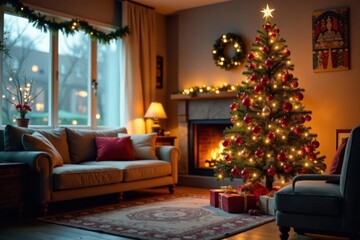 Cozy living room with festive Christmas tree, colorful ornaments and twinkling lights , Seasonal Festivities, Living Room