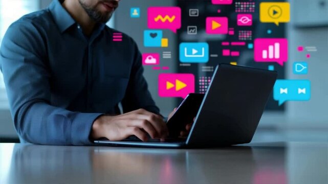 A person using a smartphone and laptop, surrounded by colorful digital icons representing modern technology.