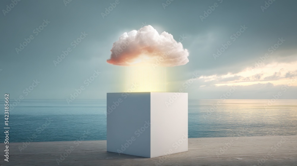 Poster abstract 3d cube emitting cloud trail representing cloud-based technology and digital computing inno