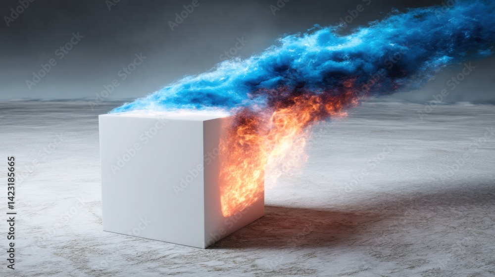 Poster striking 3d cube with blue fire emanating from it symbolizing energy and innovation in technology an