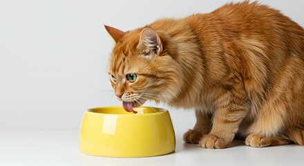 Ginger Cat Drinks from a Glowing Yellow Bowl of Water Isolated on White Background in Studio Setting