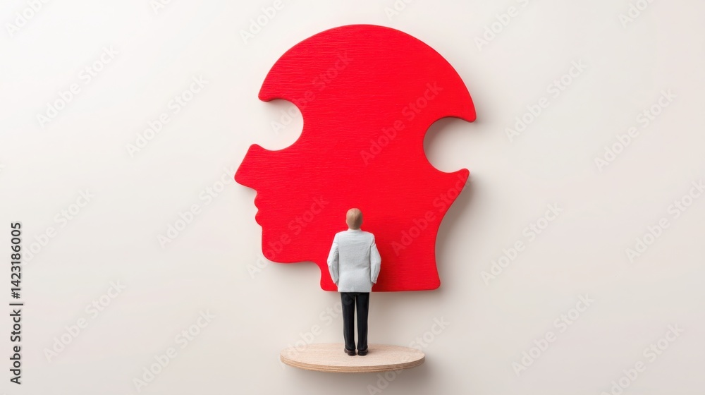 Aufkleber person standing on a red piece of paper symbolizing an alert icon emerging from a puzzle shape in ma