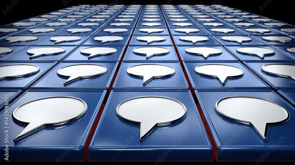 Poster blue and white building with speech bubbles signifying communication and interaction in an app ecosy