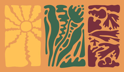 Warm tone vector in retro groovy style featuring birds, flower, sun and abstract natural shapes. Ideal for posters, fabrics, kids decor and vacation themes.