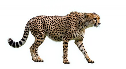 Cheetah Walking Isolated on White Background Detailed Spots Graceful Gait Wildlife Photography