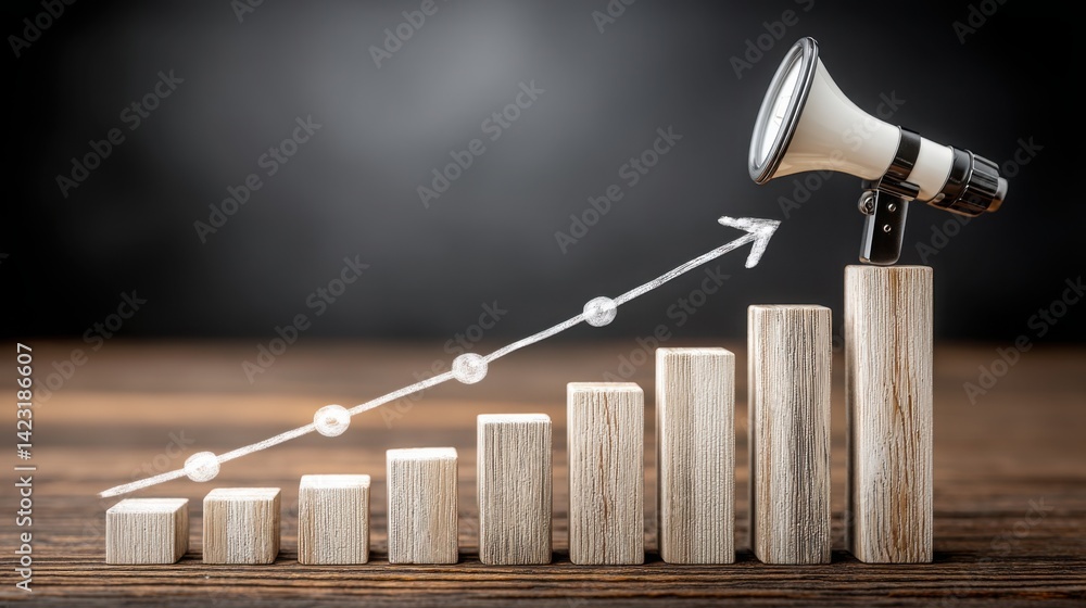 Poster megaphone positioned above a bar graph emphasizing performance visibility and communication in busin