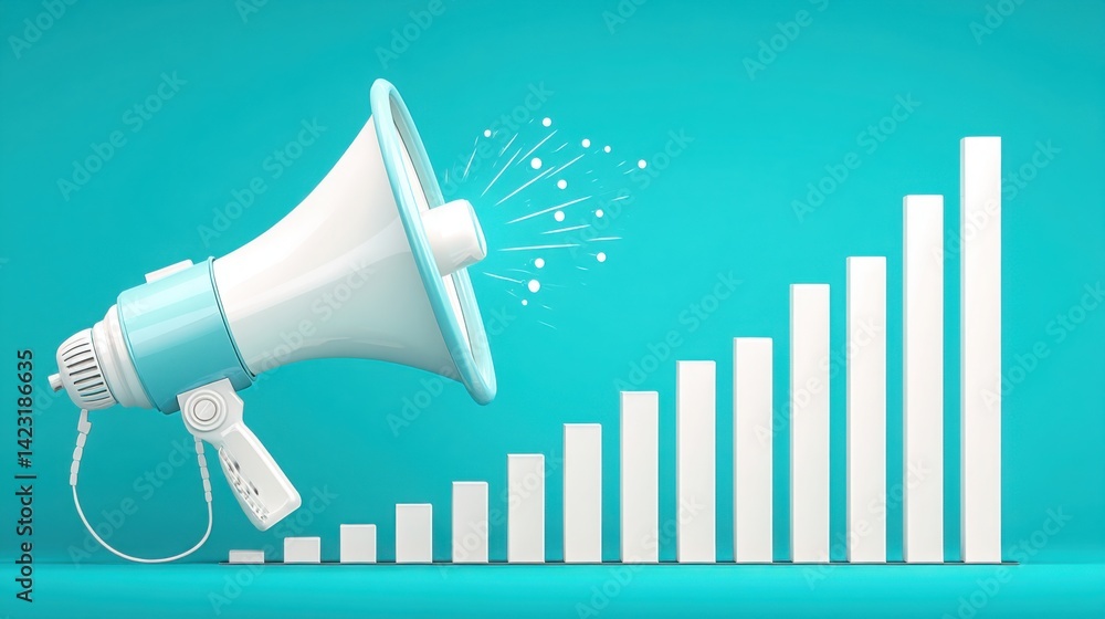 Poster megaphone with bar chart in background highlighting the significance of communication and performanc