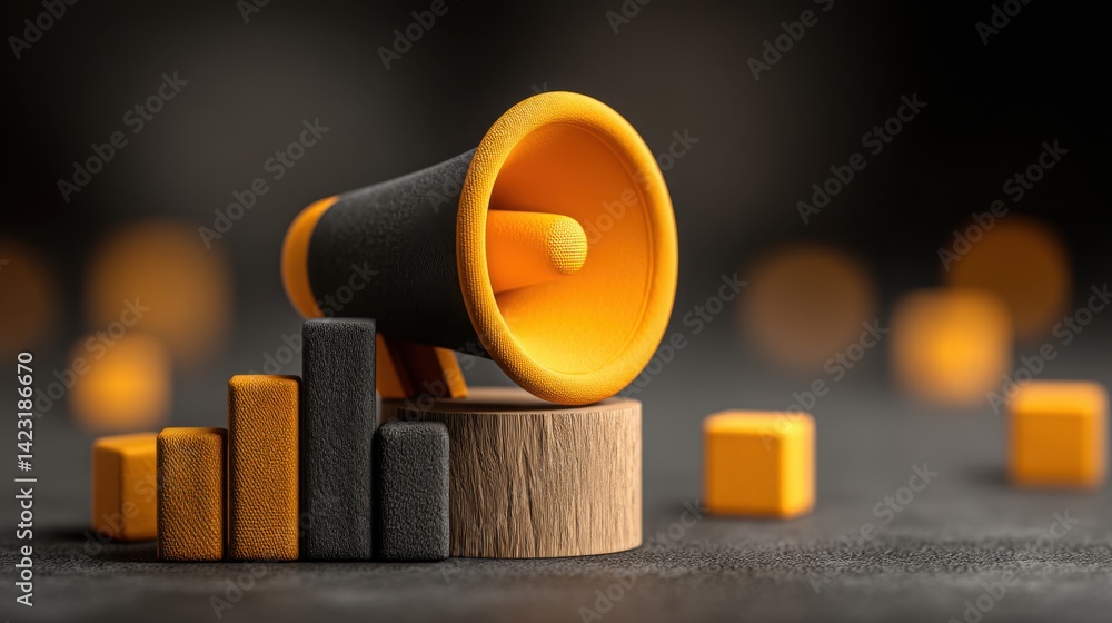 Aufkleber yellow megaphone resting on a wooden block illustrating the concept of performance visibility in bus