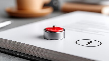 Red button on white paper representing the concept of powered work systems and battery charging in modern business