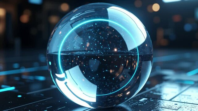 A futuristic glass orb with a glowing blue line, set against a dark tech-inspired background