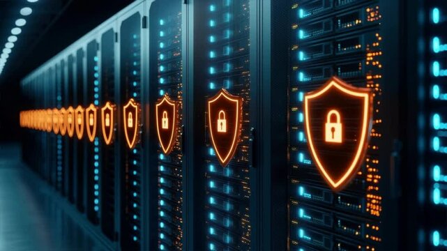 Modern data center with secure servers featuring digital padlocks, symbolizing cybersecurity and data protection.