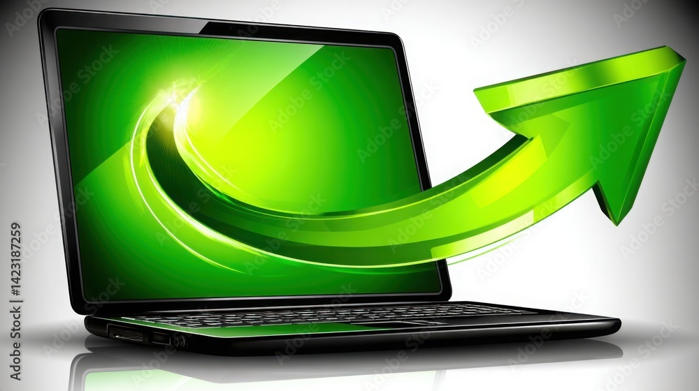 Aufkleber laptop displaying a growth arrow emanating from the screen representing positive trends in digital p