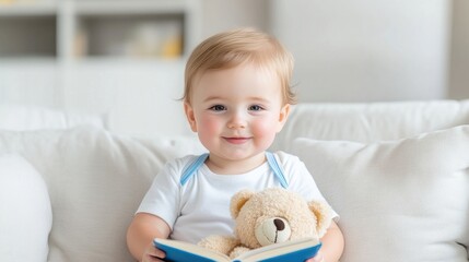 Fototapeta premium Happy baby boy sitting on a white sofa holding a teddy bear and reading a book.