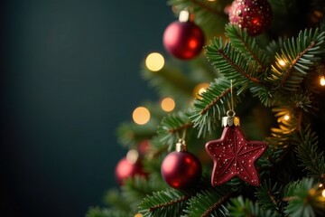 Decorated Christmas tree with ornaments and lights, festive, winter