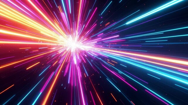 Abstract colourful light trail creative cosmic background. Explosion, Hyper jump into another galaxy. Speed of light, neon glowing rays in motion