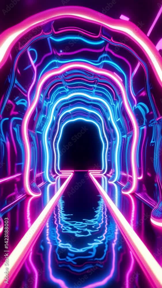 Poster Abstract Neon Light Tunnel with Reflections and Smooth Wavy Forms