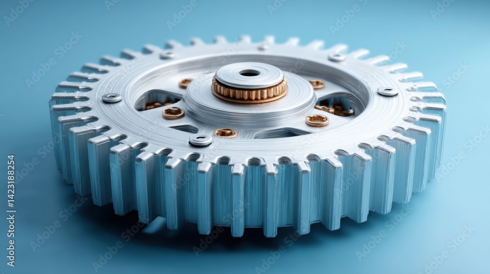 Poster metallic gear wheel representing mechanism and process in technology and automation with industrial 